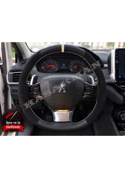 Peugeot 208 Dikme Direksiyon Kılıfı Alcantara Süet Mat Karbon Bej Yüzük Ve Dikiş 2019-2023
