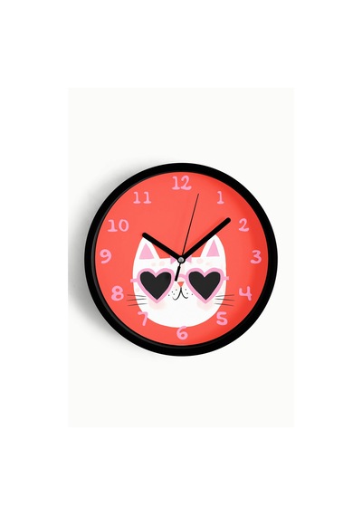 Süslü Kedi Tasarım Modern Duvar Saati - Çocuk Odası Duvar Saati - 25cm - Önü Camlı Siyah Kasa-jh1101 Siyah