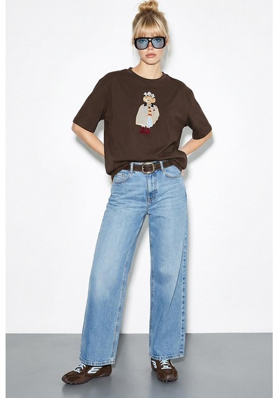 Shade Kadın Köpek Nakışlı Taş İşlemeli Relaxed Fit Pamuk T-shirt 1077 60286067 - Acı Kahve Acı Kahverengi L