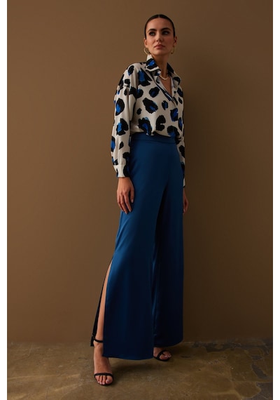 Sateen Yırtmaç Detaylı Saten Pantolon - İndigo