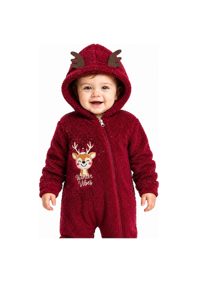 Tatlı Geyik Nakışlı Welsoft Peluş Kapüşonlu Fermuarlı Kışlık Unisex Bebek Tulumu 40212 Bordo
