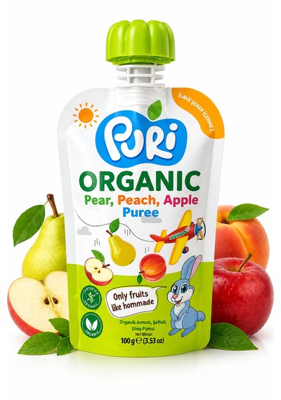 Organic %100 Organik Meyve Püresi Armut - Şeftali Elma 100 G İlave Şekersiz