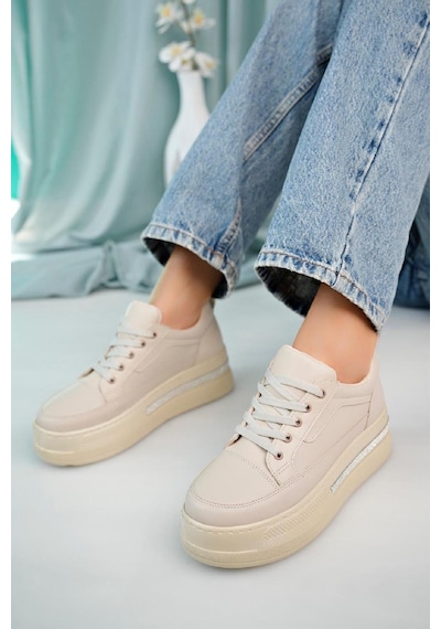 Zima Tabanı Taş Detaylı Kalın Taban Bağcıklı Kadın Sneaker 001