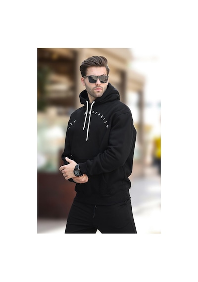Madmext Siyah Kapüşonlu Cep Detaylı Nakışlı Erkek Sweatshirt 7054-siyah Siyah