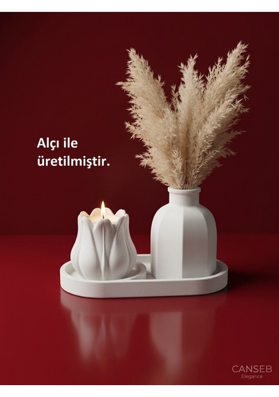 Üçlü Mumluk & Pampas Vazosu Dekoratif Obje Seti Tealight Mum Hediye 75992949