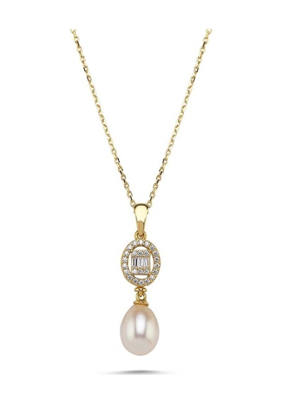 8,5 Mm Oval Baget Taşlı Doğal İnci Kolye Sarı