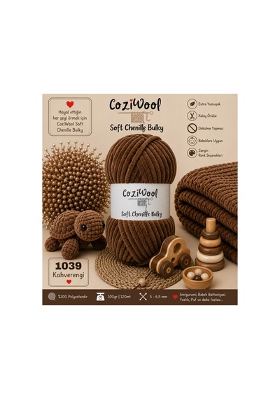 Kadife İp Soft Chenille Bulky 5'li Paket 5x100 Gr 120 Mt El Örgü İpi Kahverengi - 875823131