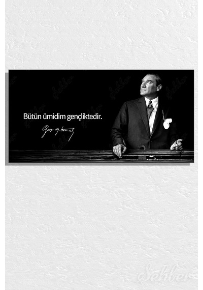 Gazi Mustafa Kemal Atatürk'ün Siyah-beyaz Portresi Ve Bir Özlü Sözü Yatay Kanvas Tablo 4176 Çok Renkli