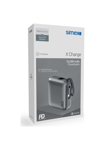 Simex 10.000 Mah 22.5w Hızlı Şarj Pd Powerbank Kendinden Kablolu Ve Dijital Göstergeli Taşınabilir Cihazı Standart