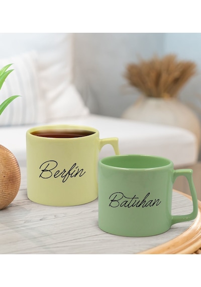 Bk Gift Kişiye Özel İsimli Pastel Sarı Ve Yeşil 2li Middle Kupa Bardak Seti-3, Sevgiliye Hediye, Ev Hediyesi, Arkadaşa Hediye Kobitmeyencom30000 Bk Gi