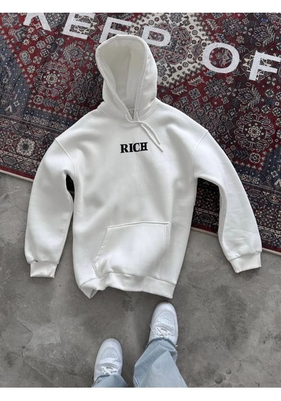 Velmora Fashion Kadın Kapüşonlu Kanguru Cepli Sweatshirt 3 İplik Pamuklu Baskılı Hoodie - Beyaz