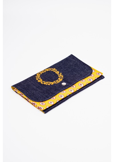 Fabric Craft Bag Kadın Kumaş Cüzdan Nakışlı Lacivert - Sarı