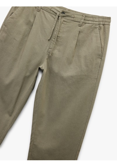 Koton Beli Bağcıklı Cep Detaylı Düğmeli Pileli Keten Pamuk Karışımlı Chino Pantolon Haki 5sam40182hw