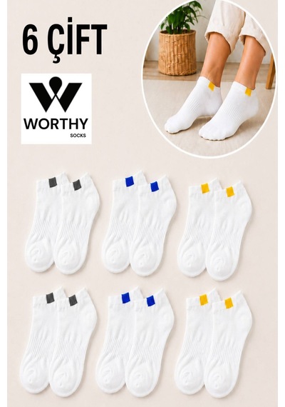 Worthy Socks 6'lı Unisex Lastik Kare Desenli Beyaz Patik Bilek Çorap Seti
