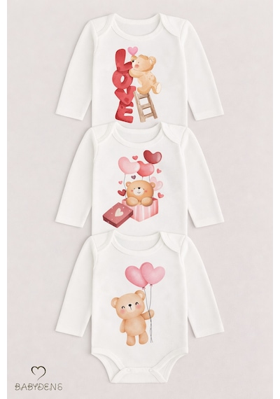 Babyden's 3 Lü Bebek Body Seti %100 Pamuk Uzun Kollu Ayıcık Baskılı Yenidoğan Unisex Bebek Body Beyaz