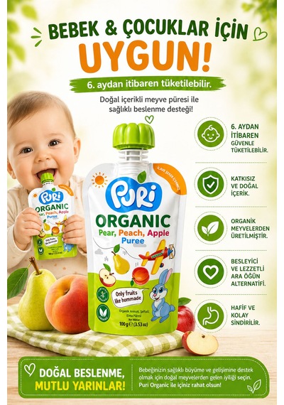 Organic %100 Organik Meyve Püresi Armut - Şeftali Elma 100 G İlave Şekersiz