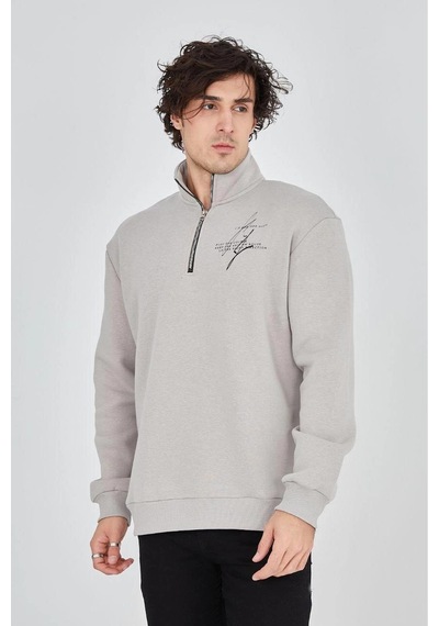 Erkek Yarım Fermuarlı Baskılı 3 İplik Pamuklu Sweatshirt - Boyalı Gri