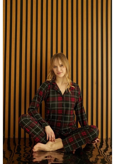 Pijamoni Kadın Süet Önden Düğmeli Likralı Pijama Takımı 5 - 1 Adet 001