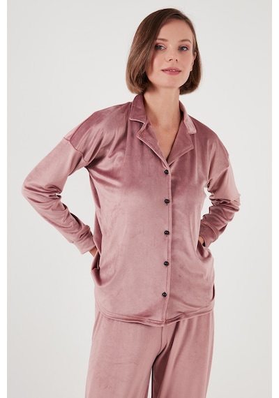 Lela Regular Fit Parlak Kadife Ribanalı Bayan Pijama Takımı 6097110 Pudra