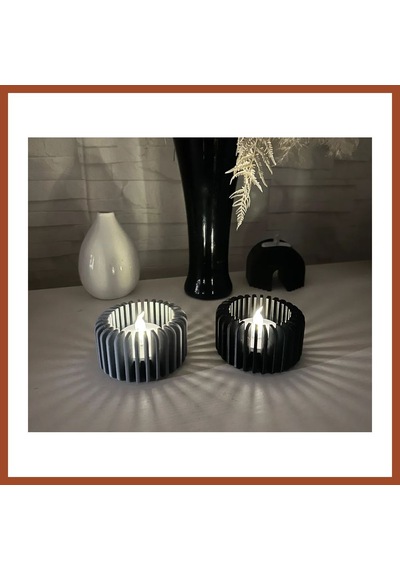 Bezos 3d Baskı Modern Çizgili Mumluk - Tealight Mumluk 1 Adet -gri Pro