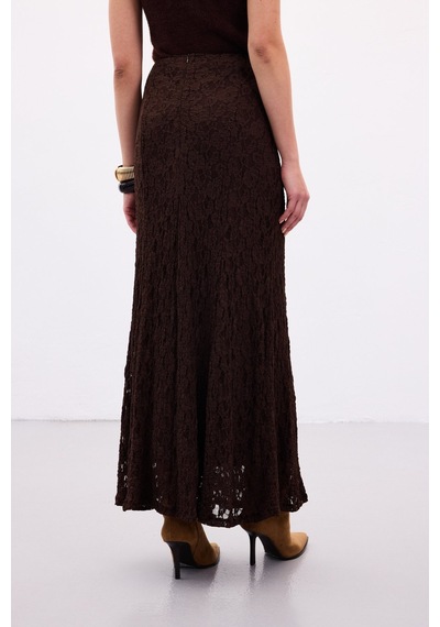Sateen Dantelli Uzun Etek - Kahve-136890 Kahve