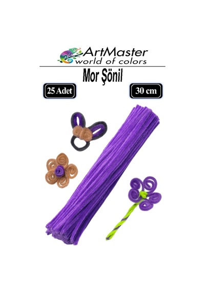 Şönil Mor 30 Cm 25 Li 1 Paket Renkli Tüylü Tel Şönil Pipo Temizleyici Okul Öncesi Anasınıfı Kreş Hobi Eğitici