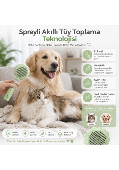 Spreyli Kedi Köpek Tüy Toplama Fırçası - Su Hazneli Kendinden Temizlemeli Tarak - Paslanmaz Çelik Uçlu - Masaj Et