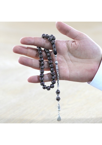 925 Ayar Gümüş Kral Zincir Püsküllü Gümüş-mercan İşleme Küre Kesim Erzurum Oltu Taşı Tesbih Siyah