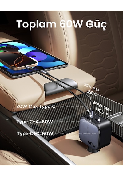 Ugreen 60w Usb-c Makaralı Dahili Kablolu Hızlı Araç Çakmaklık Şarj Cihazı, 1x Usb-c 1x Usb-a, 55212b