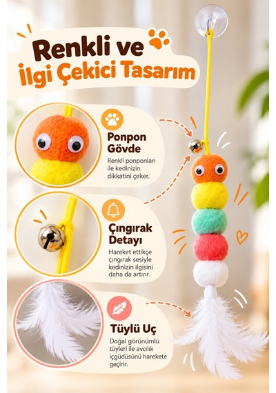 Kedi Oyuncağı Kapıya Asılan Vantuzlu İpli Çıngıraklı Tüylü Ponponlu Zıplama Ve Avlanma Oyuncağı