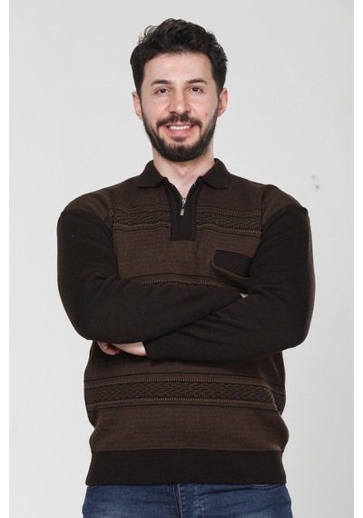 Kzc Tekstil Erkek Baba Orta Yaş Ve Üzeri Triko Örgü Akrilik Kışlık Regular Fit Cepli Fermuarlı Polo Yaka Kazak Kahverengi