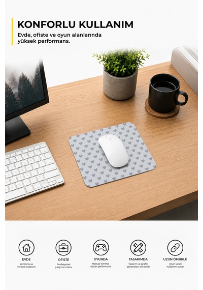 Gri Renkli Kalpli Desenli Ergonomik Mouse Pad, Kaymaz Yüzey İle Ev Ve Ofis Kullanımı İçin İdeal