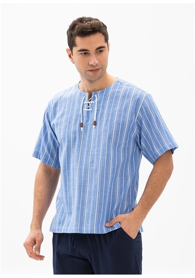 Büyük Beden Kısa Kol Şile Bezi Zımbalı Erkek Tshirt Mavi Beyaz Çi