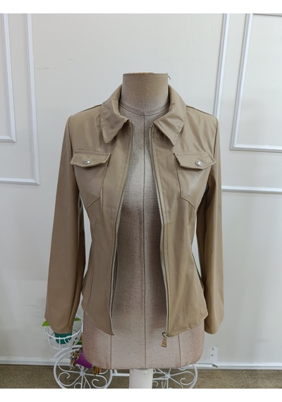 Butik İstanbul Kadın Uzun Kollu Önden Fermuarlı Cepli Kısa Deri Ceket Bej