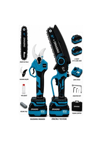 Dragro Drg-21v Çift Akülü Bl Motor Çelik Şanzıman M Dal Budama Makası 50mm & Testeresi Pala 20cm