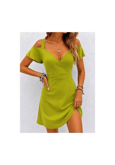Butik İstanbul Kadın Omuzlardan Acık Askılı V Yakalı Kısa Modal Elbise Yeşil