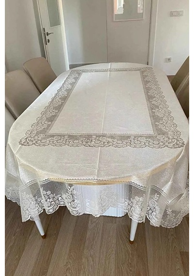 Desenli Dertsiz Örme Leke Tutmaz Dantelli Masa Örtüsü, Çini Desen Masa Örtüsü - Ekru Diğer