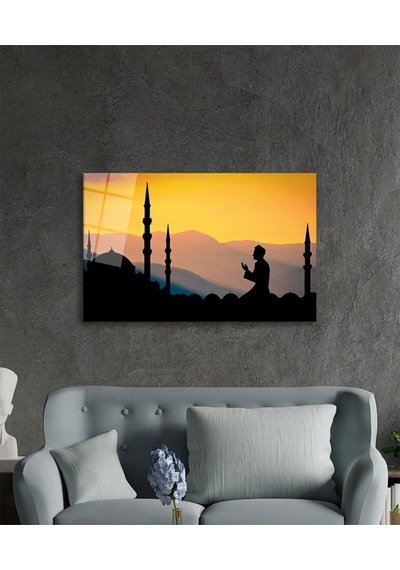Camide İbadet Ve Dua Eden İnsan Cam Tablo, Darbelere Dayanıklı Kırılmaz Temperli