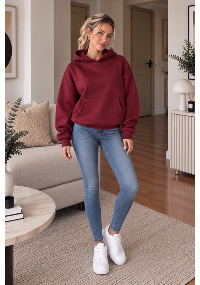 Lima Bordo Kadın Kapüşonlu Oversize Sweatshirt Kanguru Cepli Düz Renk Uzun Kollu Sweat