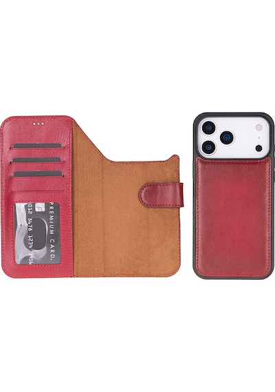 Bloomcase Magic Wallet Crimson Red Apple Uyumlu iPhone 17 Pro 6.3" Hakiki Deri Çıkarılabilir Cüzdanlı Telefon Kılıfı Kırmızı