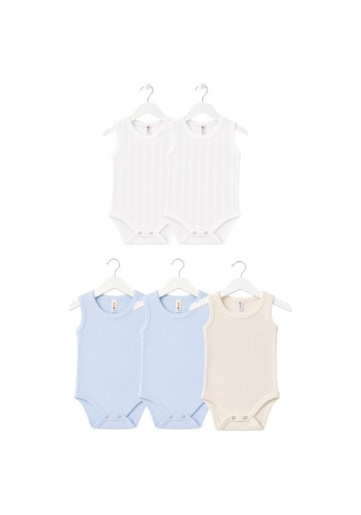 H&c Coolboy H&c 5'li %100 Pamuk Desenli Jakarlı Kolsuz Bebek Body Zıbın 2 Beyaz- 2 Mavi- 1 Krem