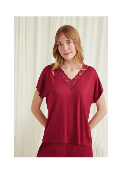 Aria's Closet Arias Closet Kısa Kollu Dantelli V Yaka Şort Pijama Takımı Kırmızı
