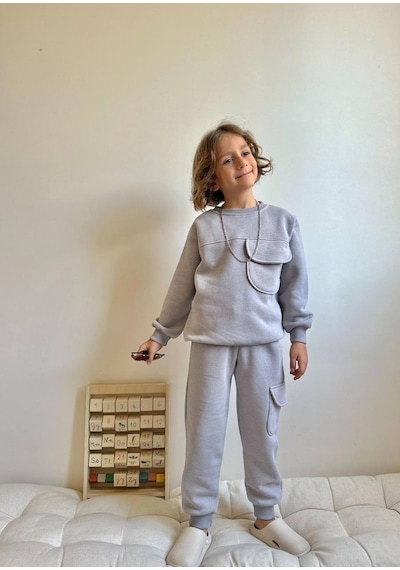 Miniko Kids Erkek Çocuk Kargo Cepli 3 İp Eşofman Takımı Gri
