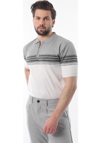 Madmext Gri Fermuarlı Polo Yaka Desenli Erkek T-shirt E7296 Gri