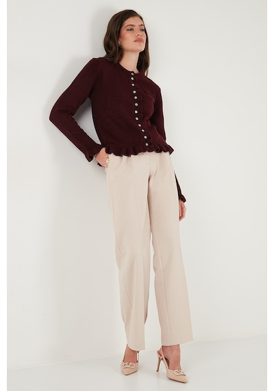 Lela Premium Pile Detaylı Regular Fit Yuvarlak Yaka Triko Bayan Hırka 680Hi00038 Bordo