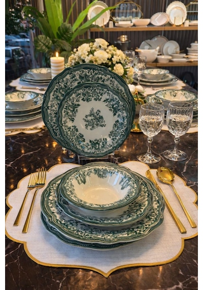 24 Parça 6 Kişilik Porselen Yemek Takımı Velour Green-5451 Çok Renkli