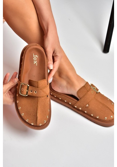 Fox Shoes Y918143802 Taba Süet Önü Kapalı Zımba Detaylı Sabo Terlik