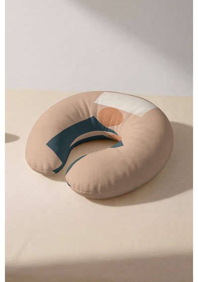 Soyut Geometrik Desenli Ergonomik Boyun Yastığı - Modern Minimal Bej Lacivert Seyahat Yastığı Sedefli Gece Mercan