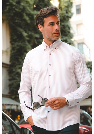 Slim Fit Uzun Kol Likralı Çizgili Yaka Düğmeli Hediye Kutulu Erkek Gömlek Fs-003669 - Bej-2436