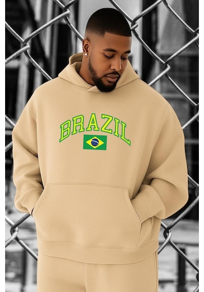 Benroma 3 İplik Penye Brazil Baskılı Büyük Beden Sweatshırt Bej